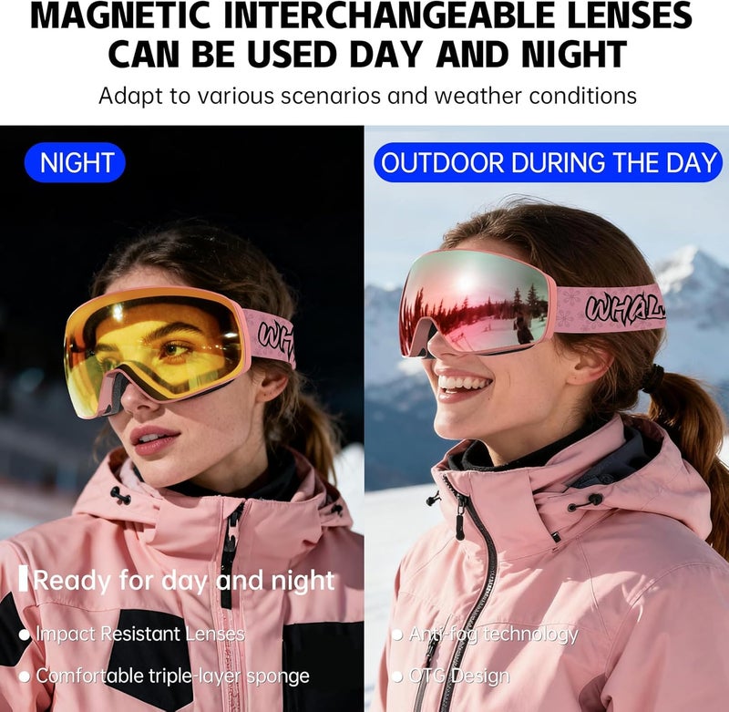 Whale Professional Ski Goggles Unisex Adult Snow Goggles Interchangeable Magnetic Replacement Lenses&Anti-Fog, Anti-UV400 - Image 2